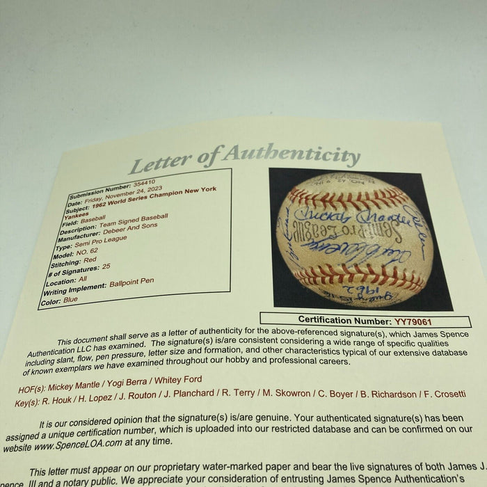 1962 New York Yankees W.S. Champs Team Signed Baseball Mickey Mantle JSA COA
