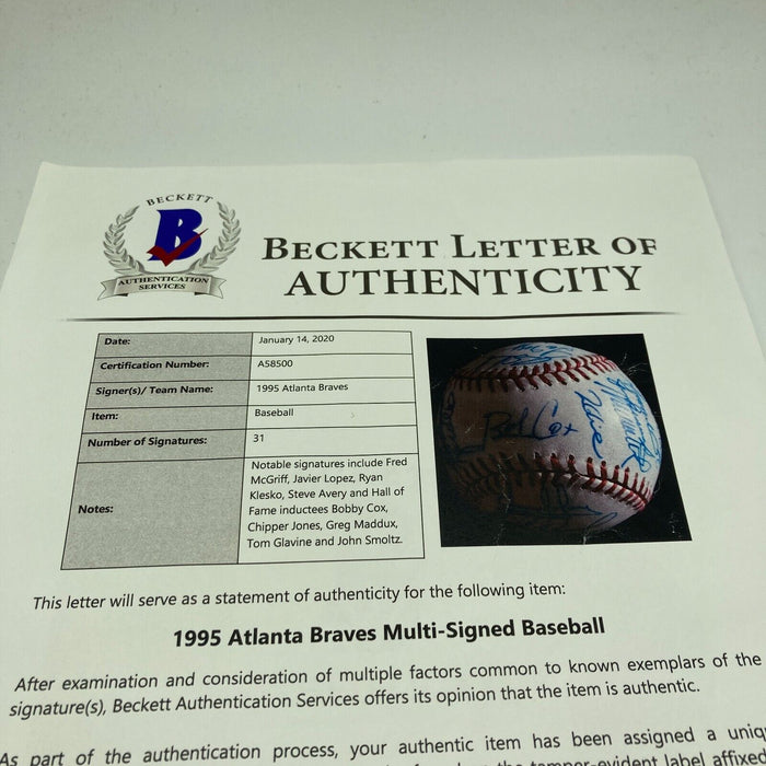 1995 Atlanta Braves World Series Champs Team Signed W.S. Baseball Beckett COA