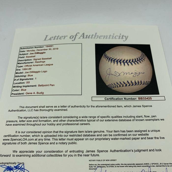 RARE Joe Dimaggio "Death Bed" Signed 1998 Joe Dimaggio Day Baseball JSA COA