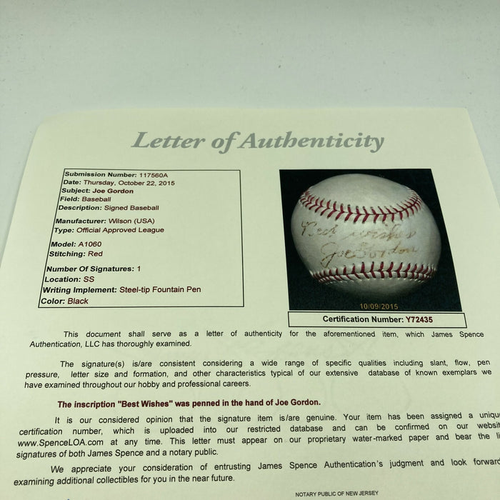 Rare Joe Gordon Single Signed Autographed Baseball HOF With JSA COA