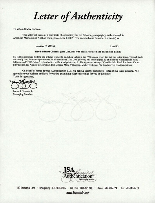 1990 Baltimore Orioles Team Signed Baseball Cal Ripken Jr Frank Robinson PSA JSA