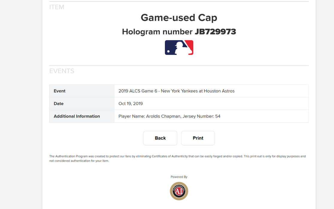 Aroldis Chapman 2019 ALCS Game 6 Game Used Hat Jose Altuve Walk-Off Home Run
