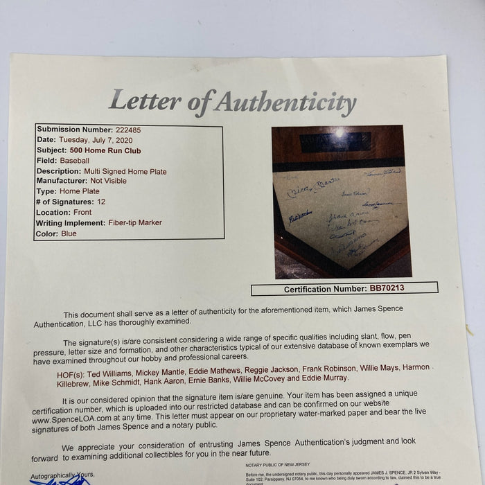 500 Home Run Signed Home Plate 12 Sigs Mickey Mantle Ted Williams JSA COA