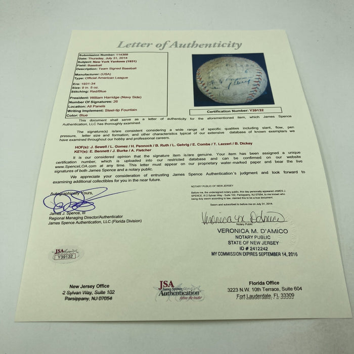 Babe Ruth & Lou Gehrig 1931 New York Yankees Team Signed Baseball JSA COA