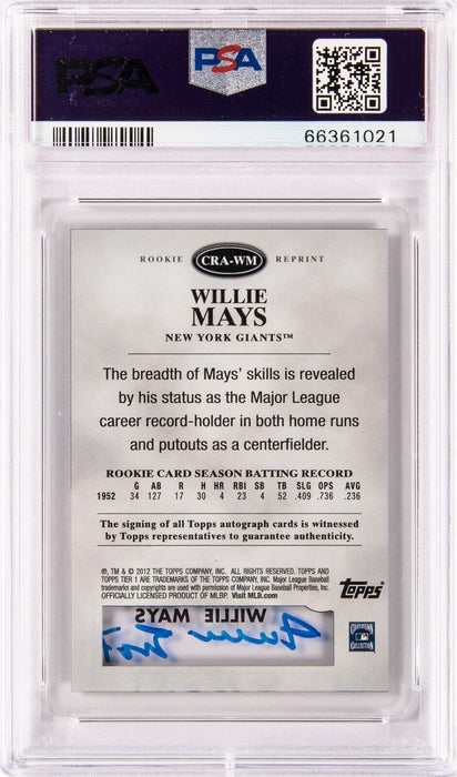 2012 Topps Tier One Willie Mays 1952 Topps RC Signed 10/25 PSA 7 Auto 10