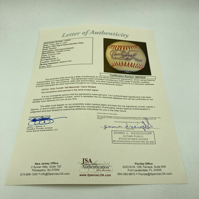 Kirby Puckett Dave Winfield Bill Mazeroski '01 HOF Induction Signed Baseball JSA