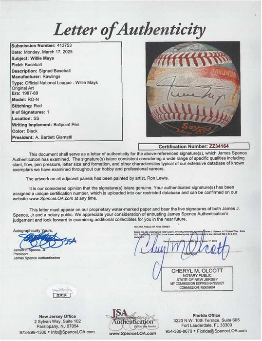 Beautiful Willie Mays Signed Ron Lewis Hand Painted Art Baseball JSA COA