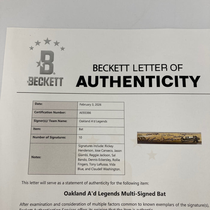 Oakland A's Legends Signed Bat 10 Sigs Rickey Henderson Reggie Jackson BAS