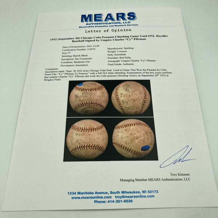 1932 Chicago Cubs Signed Game Used Baseball From Pennant Clinching Game JSA COA