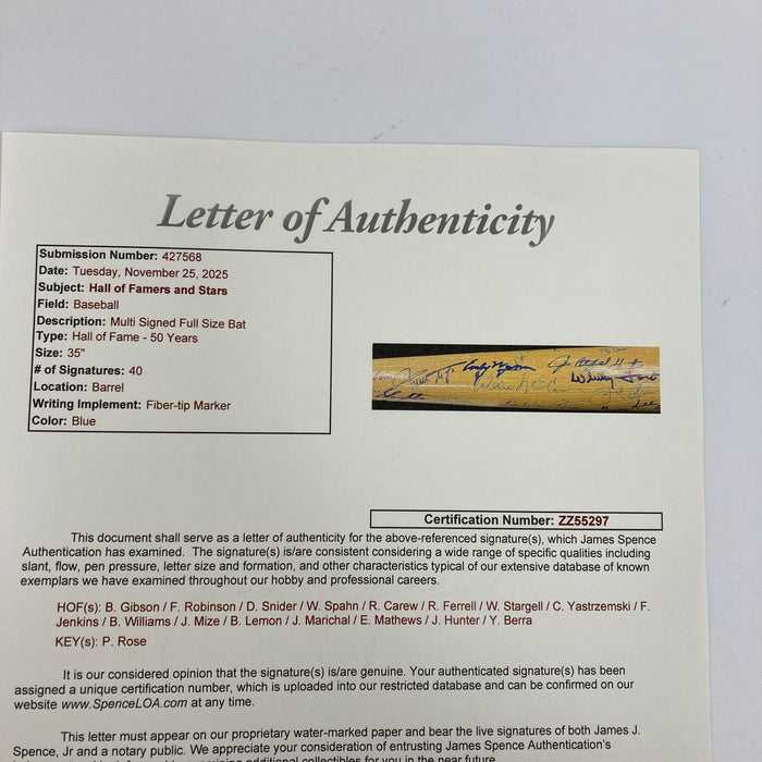 Hall Of Fame Multi Signed Cooperstown Baseball Bat 40 Sigs Willie Mays JSA COA