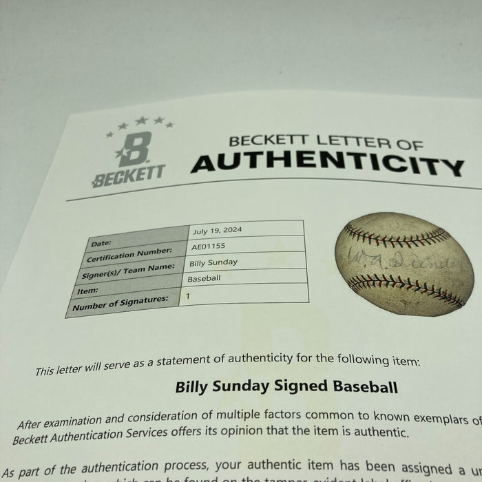 Billy Sunday Signed 1925 American League Baseball Evangelist JSA & Beckett