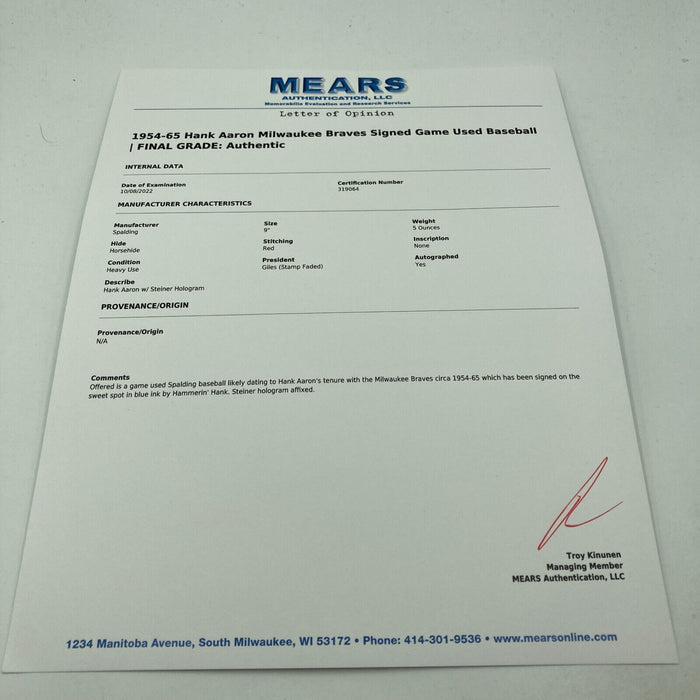 Hank Aaron Signed 1950's Game Used National League Baseball PSA DNA & MEARS COA