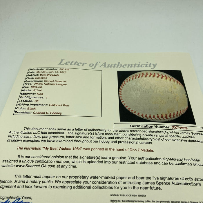 Don Drysdale Signed 1984 National League Baseball JSA COA