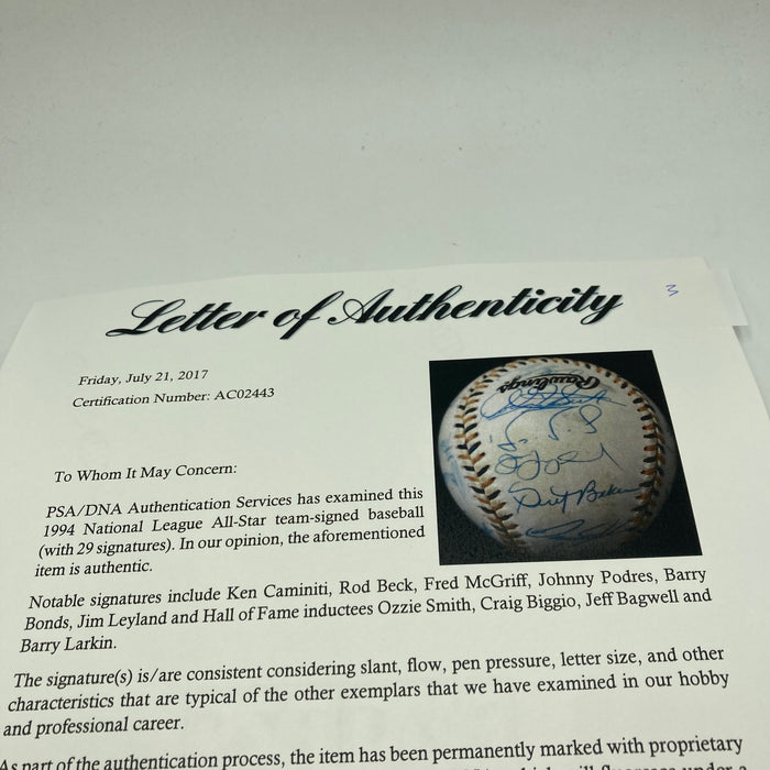 1994 All Star Game National League Team Signed Baseball Barry Bonds PSA DNA COA