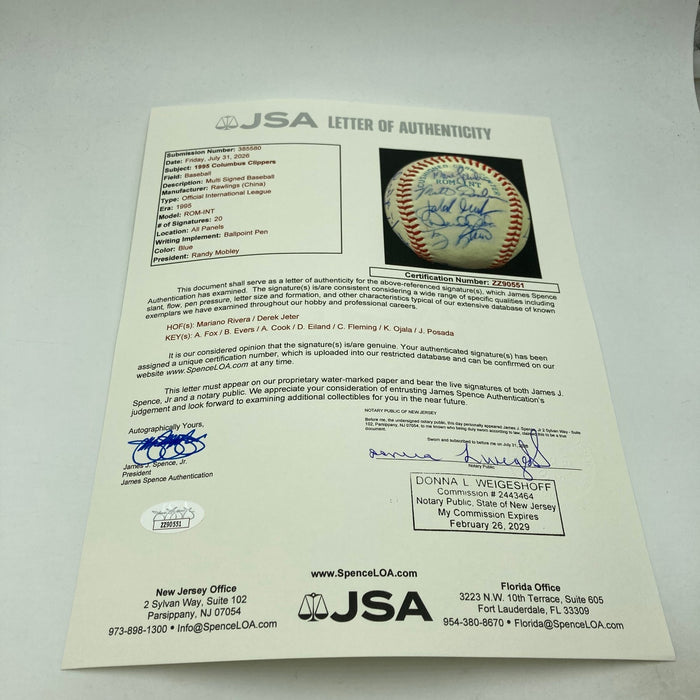 Derek Jeter Mariano Rivera Pre Rookie 1995 Columbus Clippers Signed Baseball JSA