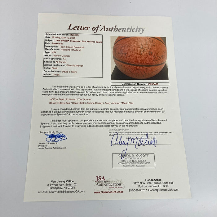 1998-99 San Antonio Spurs NBA Champs Team Signed Basketball Tim Duncan JSA COA