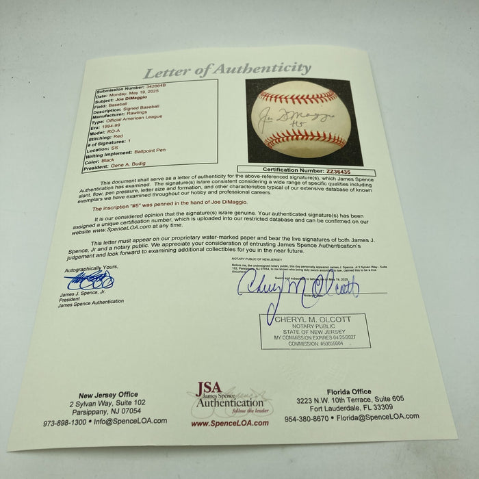 Joe Dimaggio #5 Signed Official American League Baseball JSA COA