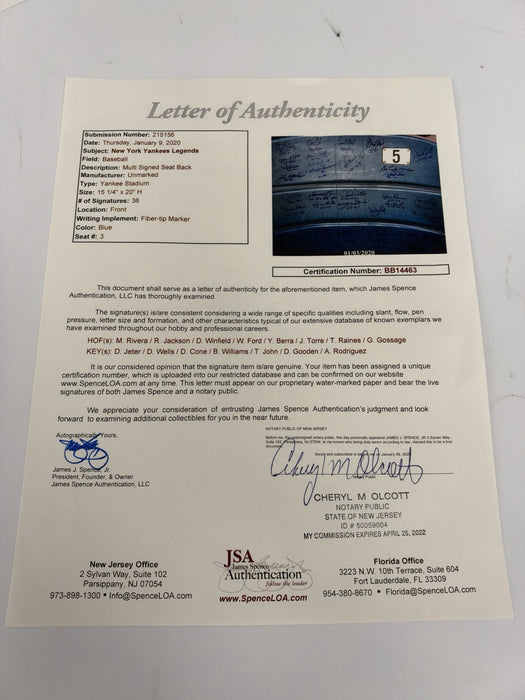 New York Yankees Legends Signed Seatback 36 Sigs Derek Jeter Mariano Rivera JSA