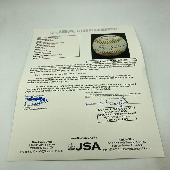 Incredible Ozzie Smith Gold Glove Signed Inscribed Baseball 13 Signatures! JSA