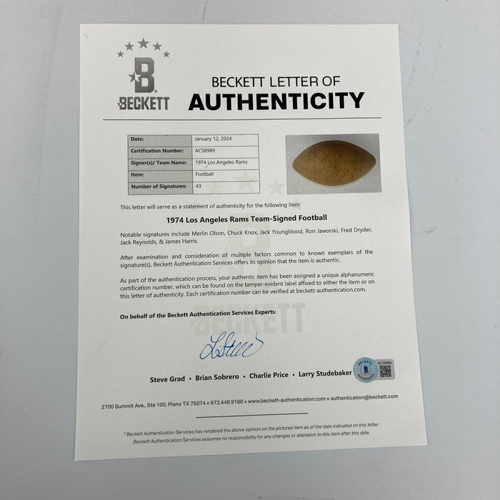 1974 Los Angeles Rams Team Signed Vintage Rawlings Football Beckett COA