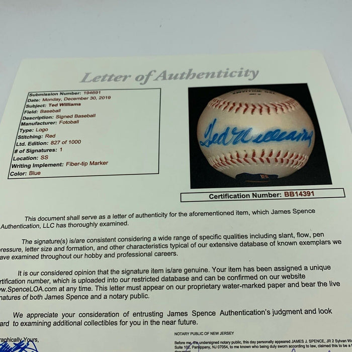 Ted Williams Signed Boston Red Sox Commemorative Baseball With JSA COA