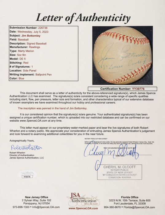 The Finest Jim Bottomley Single Signed Baseball JSA COA