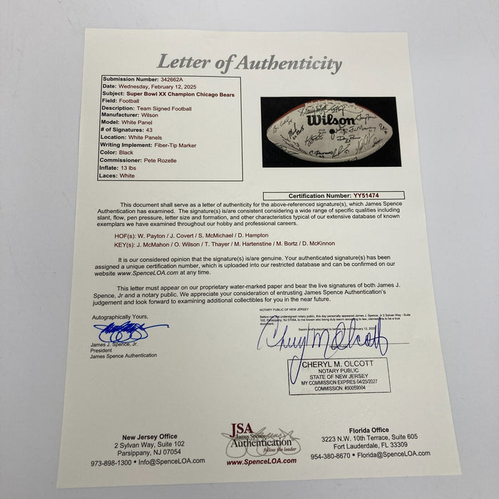 1985 Super Bowl Champs Chicago Bears Team Signed Football Walter Payton JSA COA