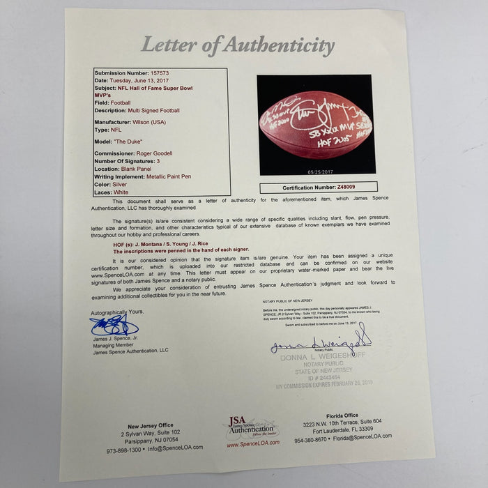Joe Montana Steve Young Jerry Rice Signed Inscribed Super Bowl Football JSA COA