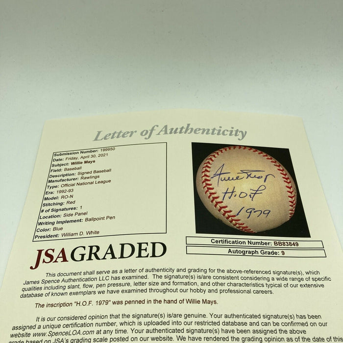 Stunning Willie Mays "Hall Of Fame 1979" Signed Baseball JSA COA Graded MINT 9
