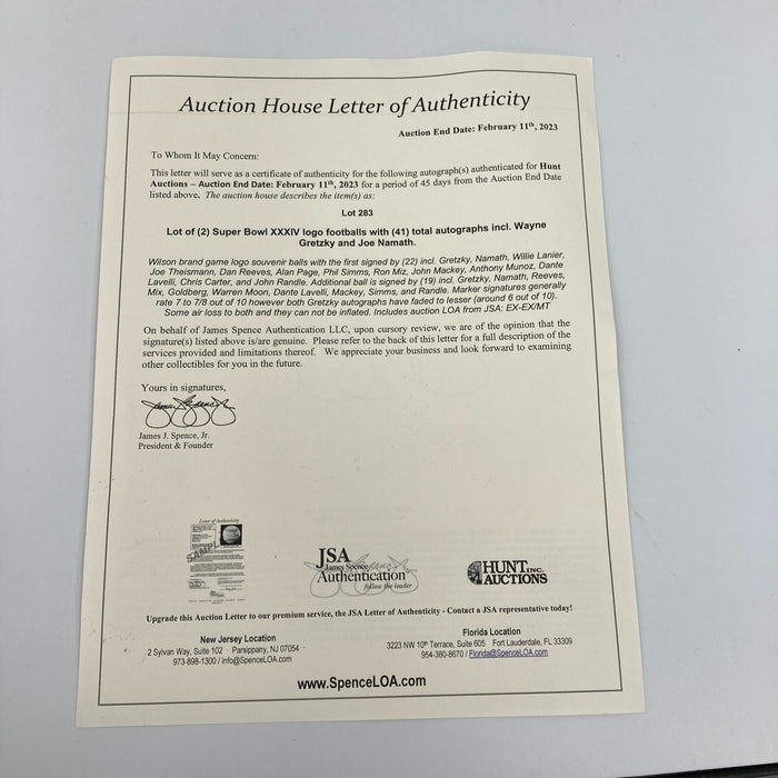 Joe Namath & Wayne Gretzky Super Bowl XXXIV Multi Signed Football JSA COA