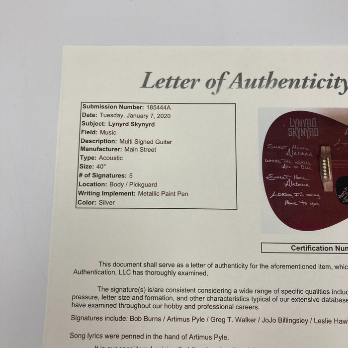 Lynyrd Skynyrd Band Signed Inscribed Main Street Acoustic Guitar JSA COA