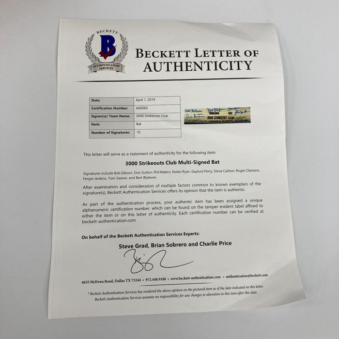 Nolan Ryan Tom Seaver  3,000 Strikeout Club Signed Baseball Bat Beckett COA