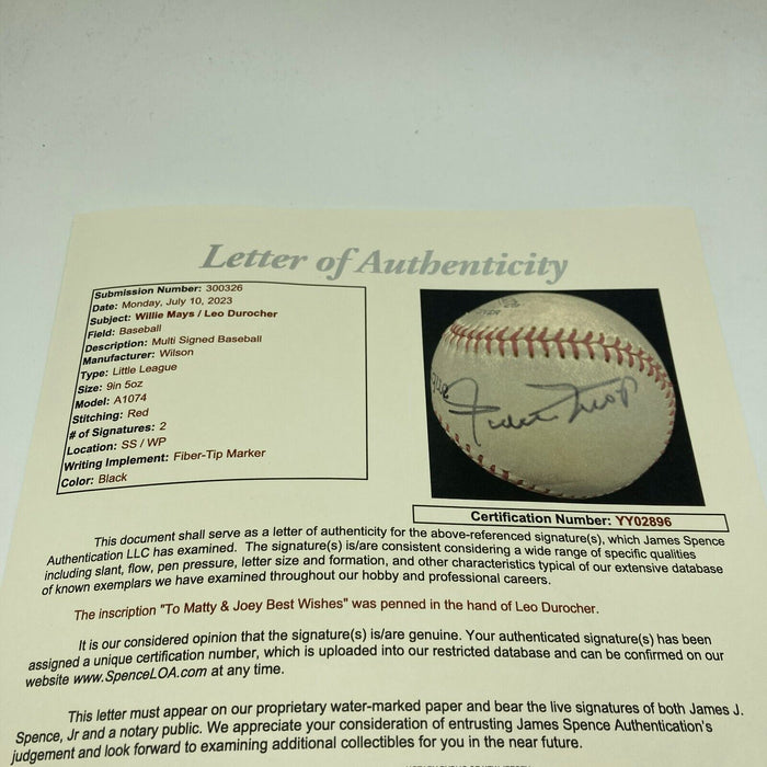 Willie Mays & Leo Durocher Signed Baseball JSA COA