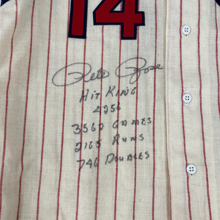 Pete Rose Signed Heavily Inscribed STATS Cincinnati Reds Jersey JSA COA