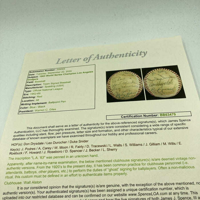 1963 Los Angeles Dodgers World Series Champs Team Signed Baseball JSA COA