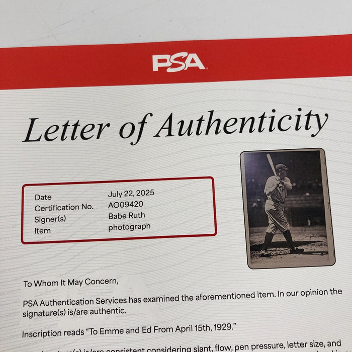 Babe Ruth Signed 60 Home Run Photo Display Given to Teammate PSA DNA Historic