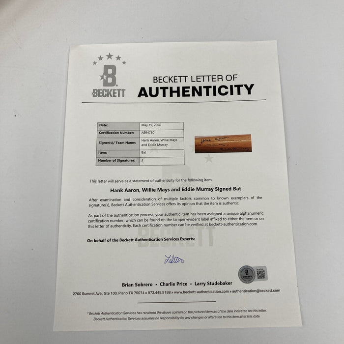 Willie Mays, Hank Aaron, Eddie Murray 3500 Club Signed Baseball Bat Beckett COA