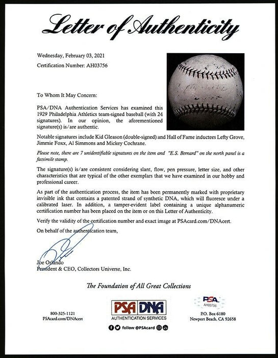 1929 Philadelphia Athletics A's World Series Champs Team Signed Baseball PSA DNA