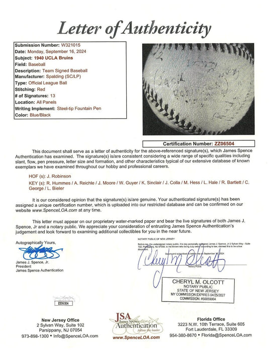 Earliest Known Jackie Robinson 1940 UCLA Bruins Signed Baseball JSA COA