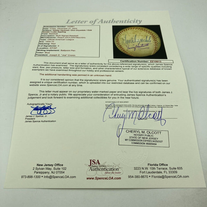 Gabby Hartnett Edd Roush Don Drysdale Signed Game Used Baseball From Bat Boy JSA