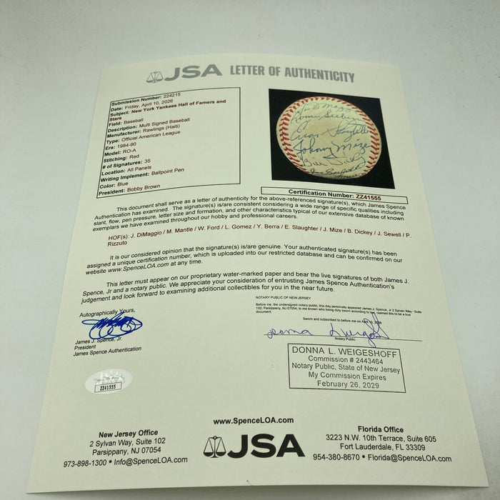 Mickey Mantle Joe Dimaggio New York Yankees Greats Signed Baseball 35 Sigs JSA