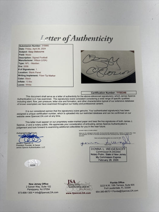 Ozzy Osbourne Signed Wilson NFL Football JSA & PSA DNA COA