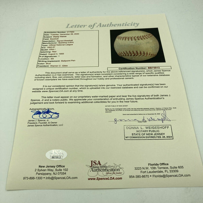 Dazzy Vance Single Signed 1950's National League Baseball With JSA COA