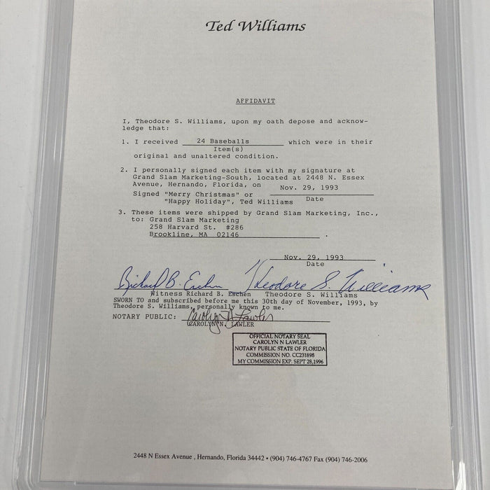 Ted Williams Full Name Signed Original Contract PSA DNA Graded MINT 9