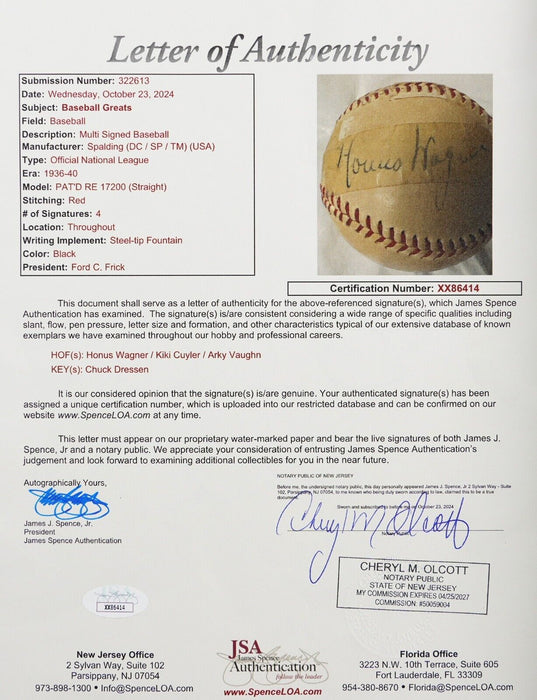 Honus Wagner Signed 1930's National League Baseball JSA COA