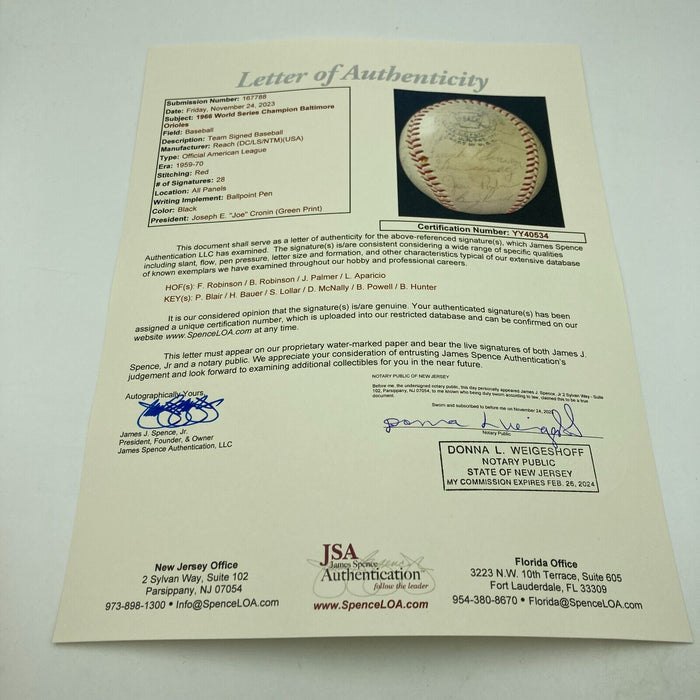 1966 Baltimore Orioles World Series Champs Team Signed Baseball JSA COA