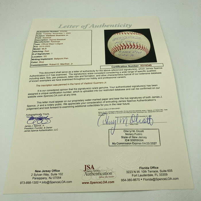 Vladimir Guerrero Jr. MLB Debut Game Used Signed Inscribed Baseball JSA COA