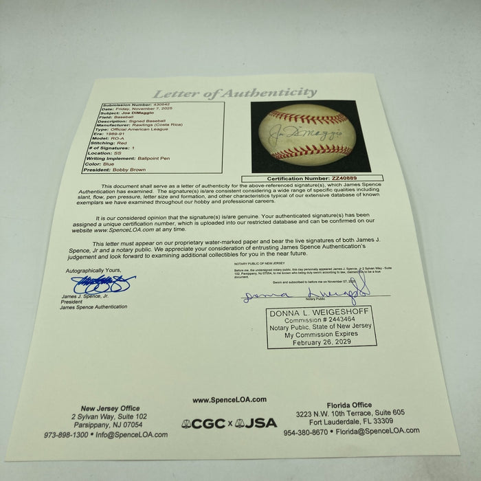 Joe Dimaggio Signed Official American League Baseball JSA COA