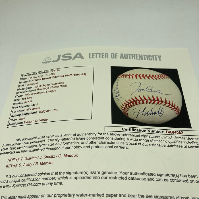 Greg Maddux Tom Glavine John Smoltz 1995 Braves Pitchers Signed Baseball JSA COA