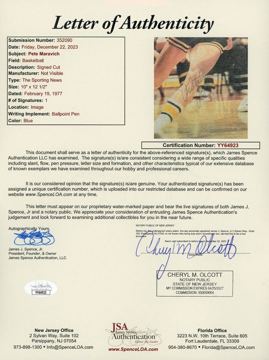 Pete Maravich "Pistol Pete" Signed 1977 Sporting News Magazine JSA COA